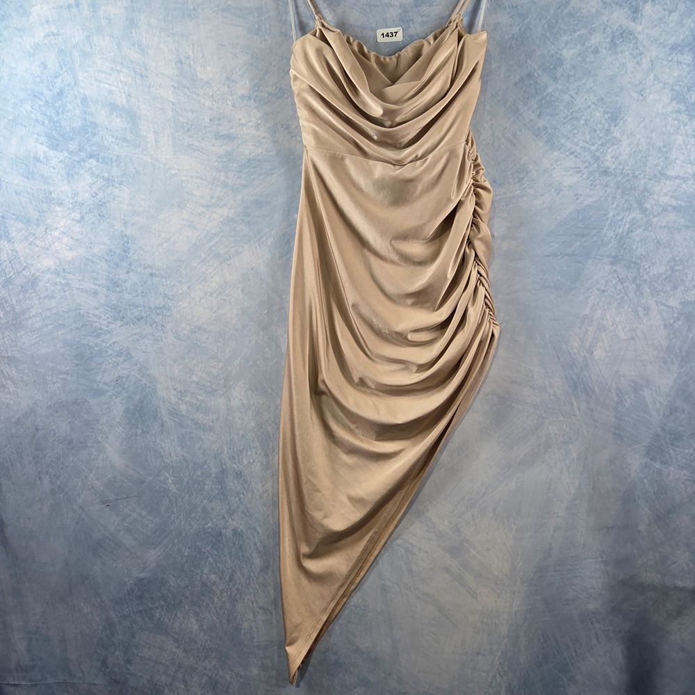 Lovely Day Champagne Gold Ruched Cowl Neck Asymmetrical Handkerchief Hem Dress